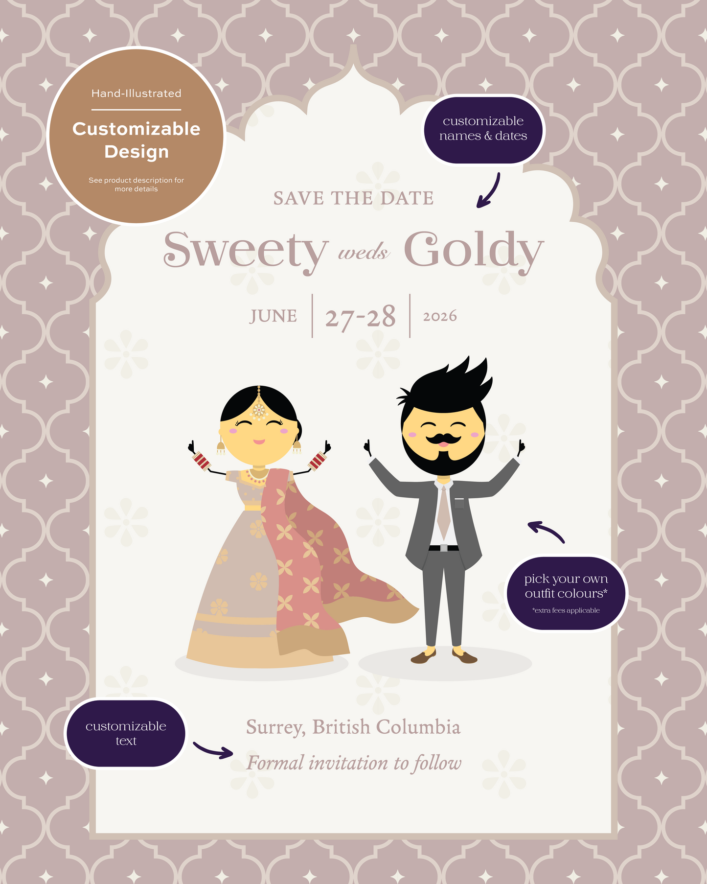 Cute Desi / South Asian Bride & Groom - Set of 10 Save-the-Date Wedding Postcards with Envelopes